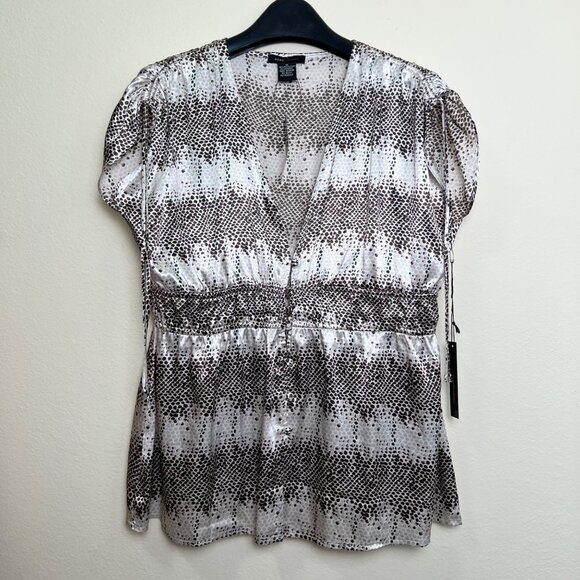 NEW BCBG MAX AZRIA Brown Satin Snake Print V-Neck Elastic Waist Blouse Top M - Picture 7 of 8